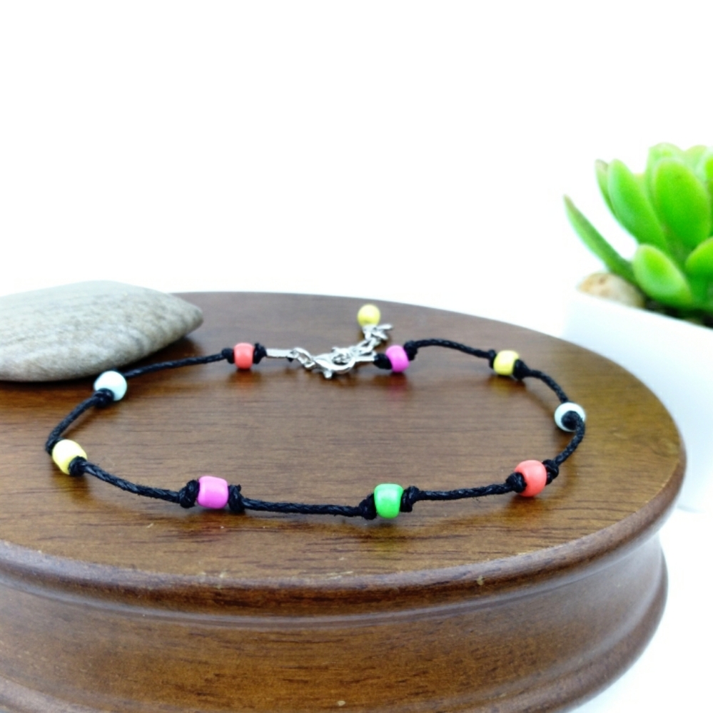 Neon Beaded Black Cord Ankle Bracelet
